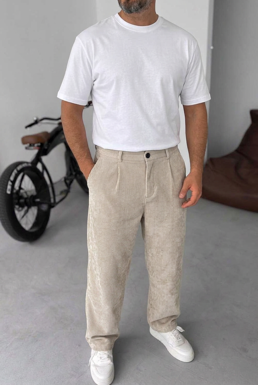 Ανδρικό Κοτλέ Παντελόνι Baggy Με Πιέτες – Μπεζ