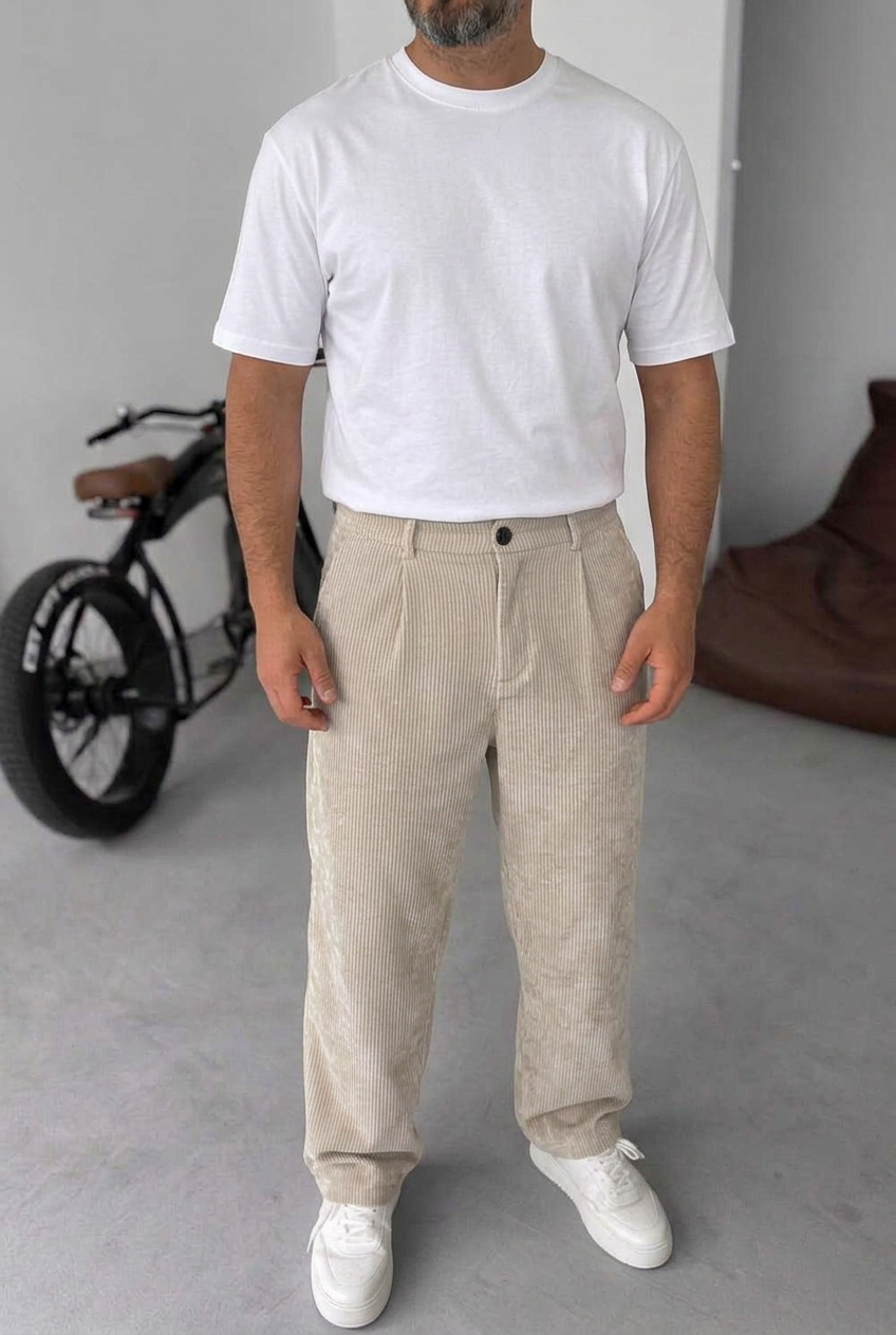 Ανδρικό Κοτλέ Παντελόνι Baggy Με Πιέτες – Μπεζ