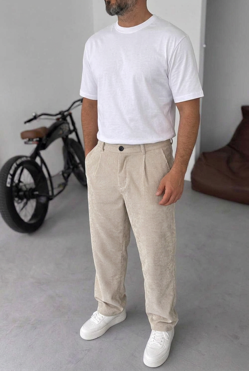 Ανδρικό Κοτλέ Παντελόνι Baggy Με Πιέτες – Μπεζ