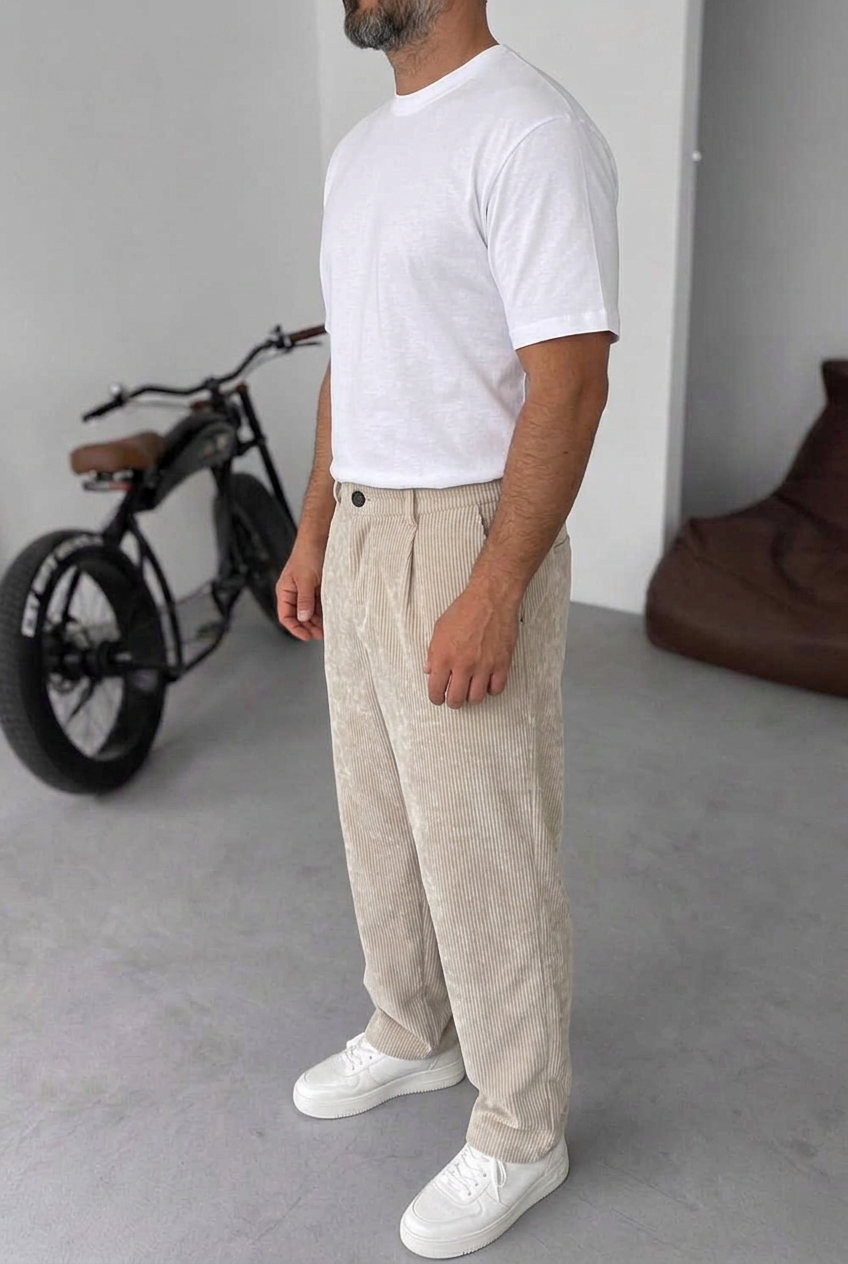 Ανδρικό Κοτλέ Παντελόνι Baggy Με Πιέτες – Μπεζ