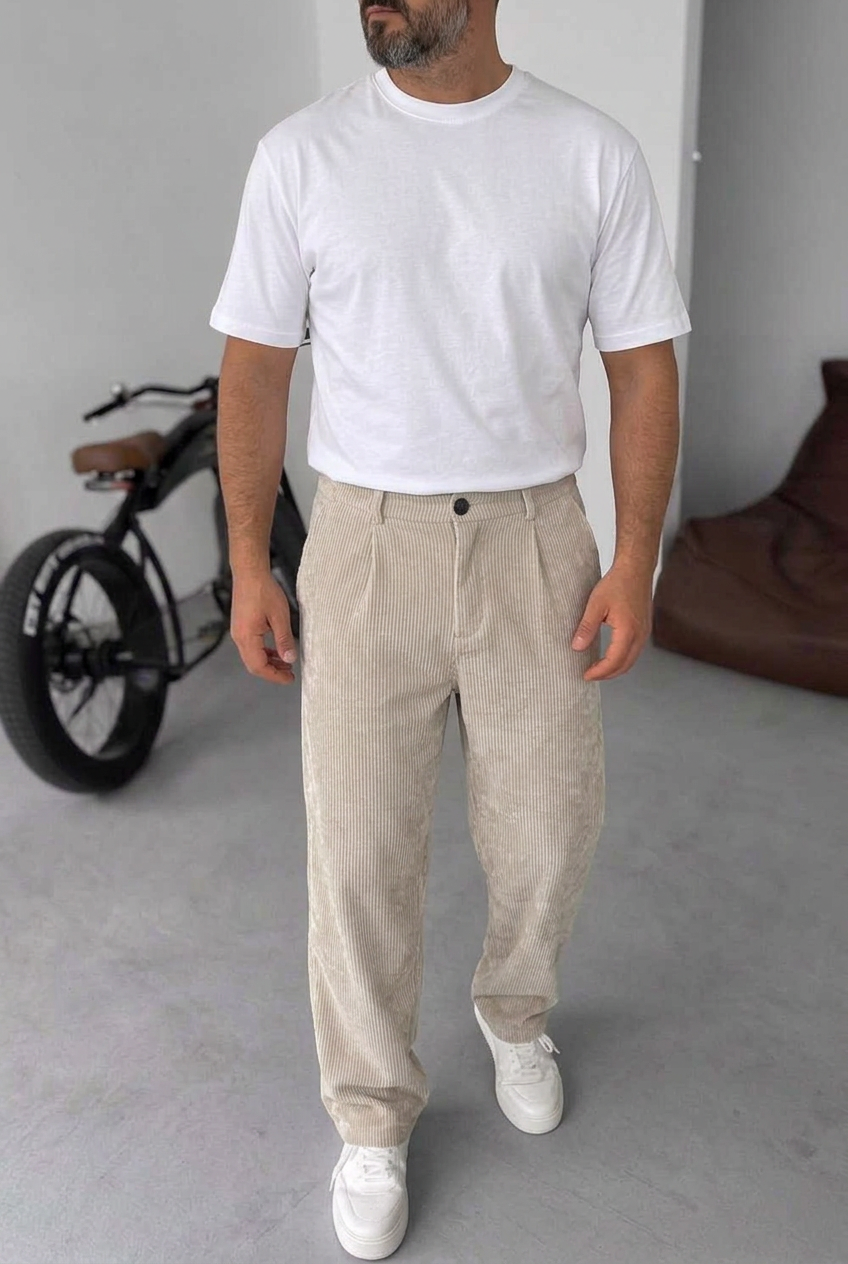 Ανδρικό Κοτλέ Παντελόνι Baggy Με Πιέτες – Μπεζ
