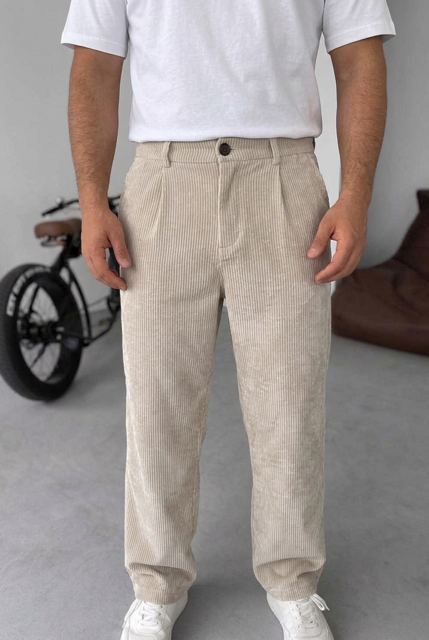 Ανδρικό Κοτλέ Παντελόνι Baggy Με Πιέτες – Μπεζ
