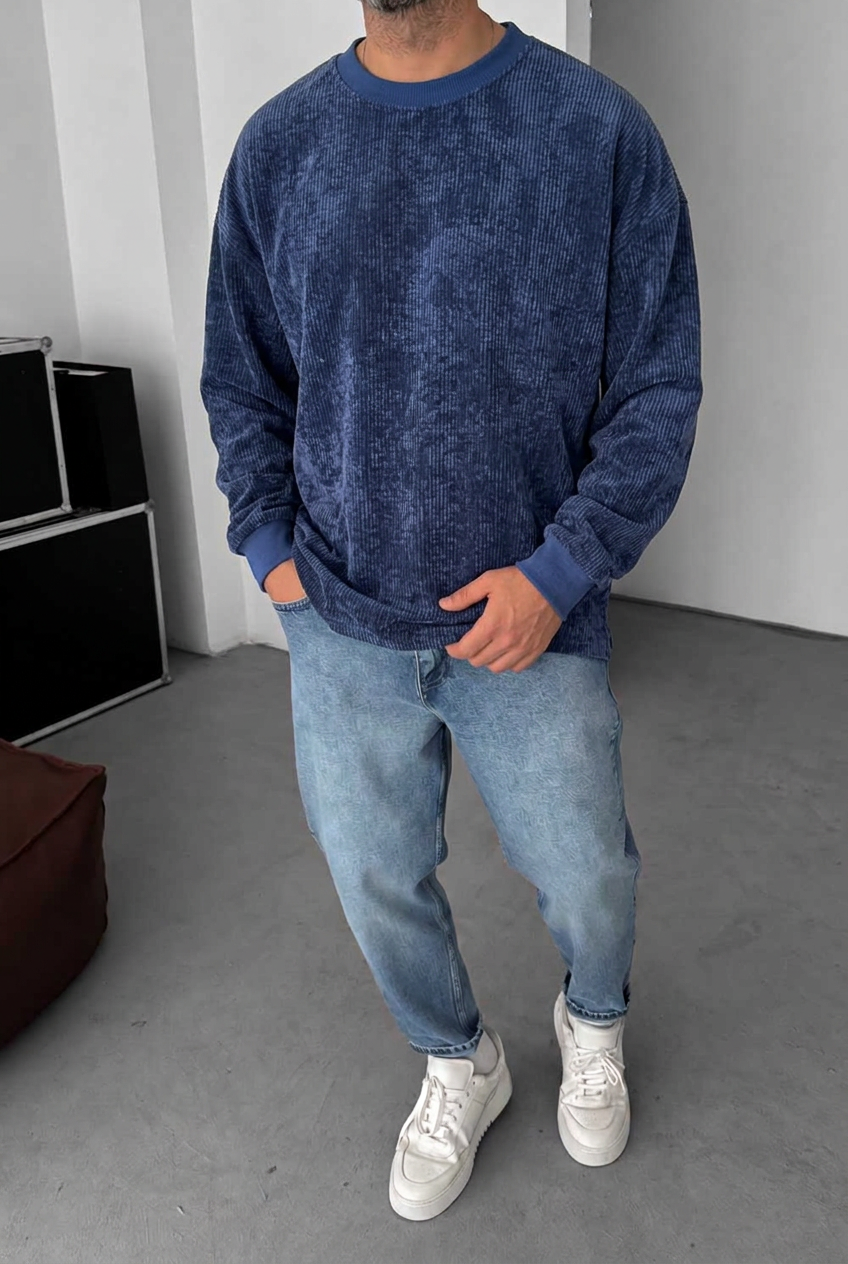 Ανδρική Κοτλέ Μπλούζα Oversized – Σκούρο Μπλε