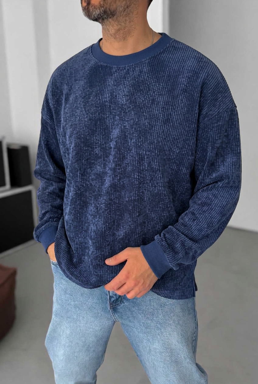 Ανδρική Κοτλέ Μπλούζα Oversized – Σκούρο Μπλε