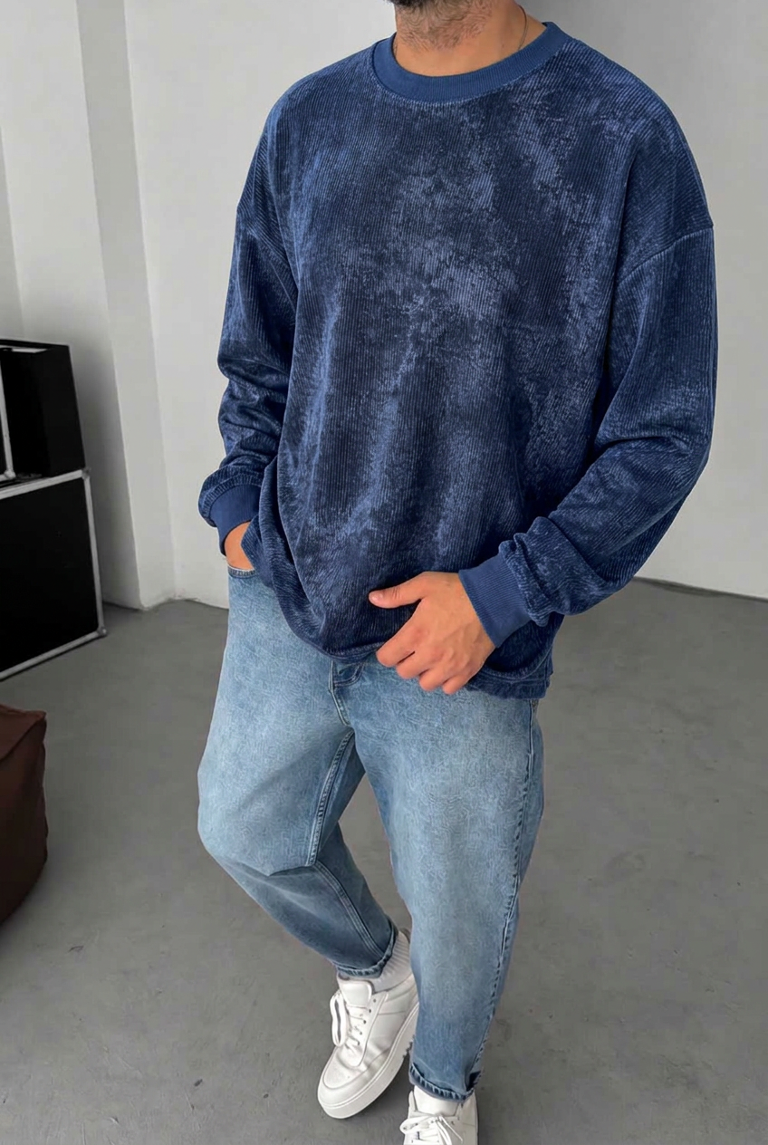 Ανδρική Κοτλέ Μπλούζα Oversized – Σκούρο Μπλε