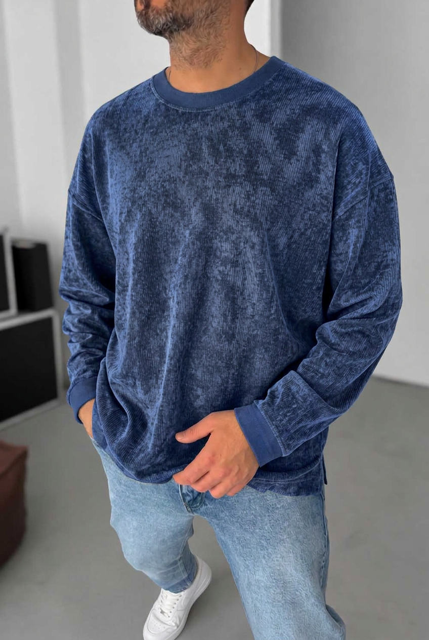 Ανδρική Κοτλέ Μπλούζα Oversized – Σκούρο Μπλε