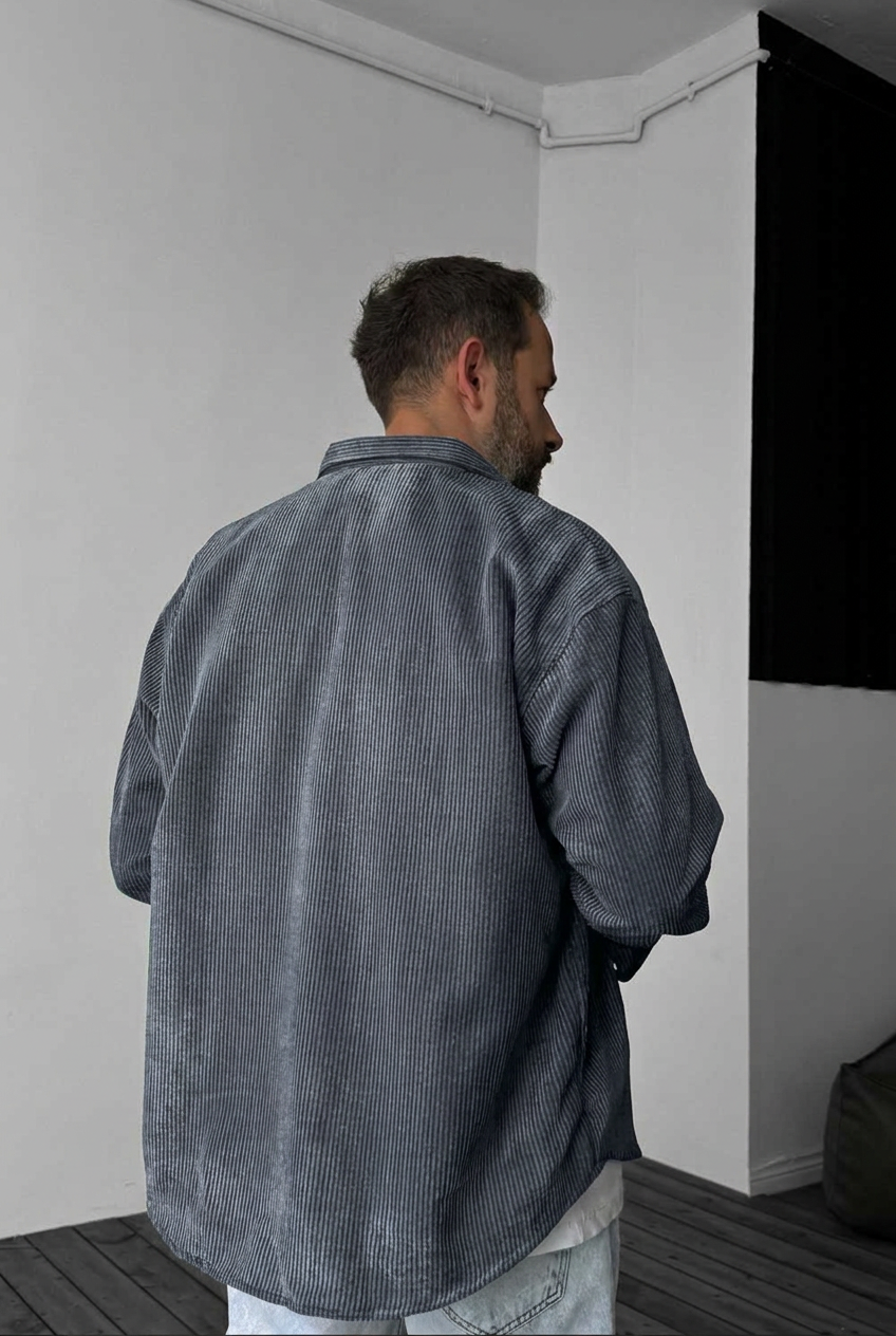 Ανδρικό Κοτλέ Πουκάμισο Oversized με Κεντητό Logo – Ανθρακί