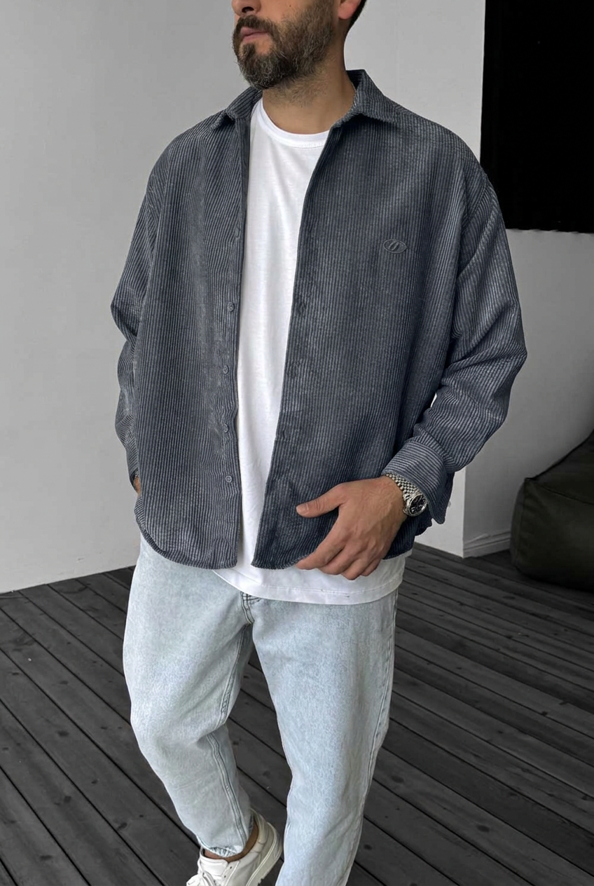 Ανδρικό Κοτλέ Πουκάμισο Oversized με Κεντητό Logo – Ανθρακί