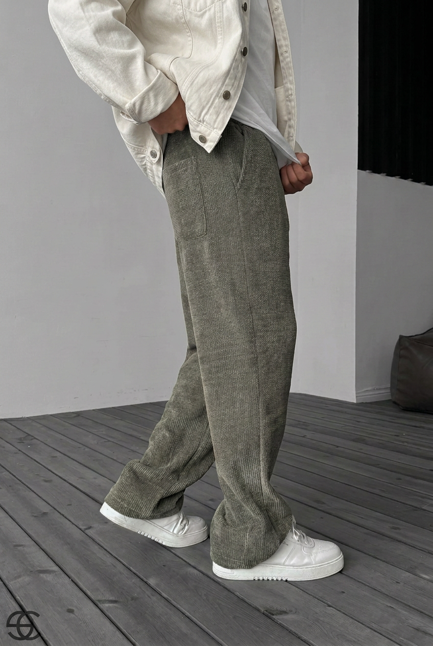 Ανδρικό Πλεκτό Παντελόνι Baggy με Λάστιχο στη Μέση – Χακί