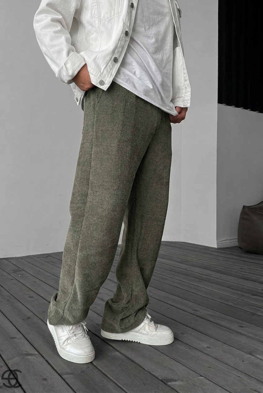 Ανδρικό Πλεκτό Παντελόνι Baggy με Λάστιχο στη Μέση – Χακί