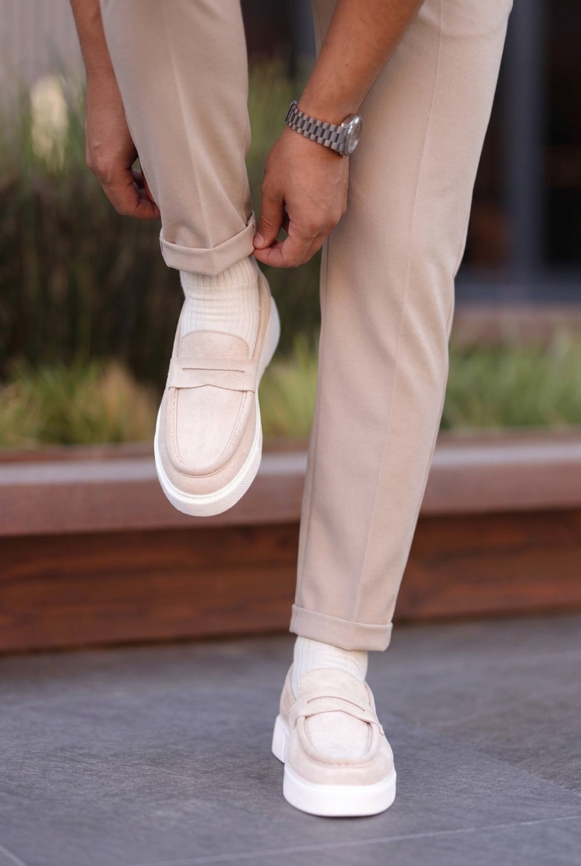 Suede Loafers with White Sole – Beige