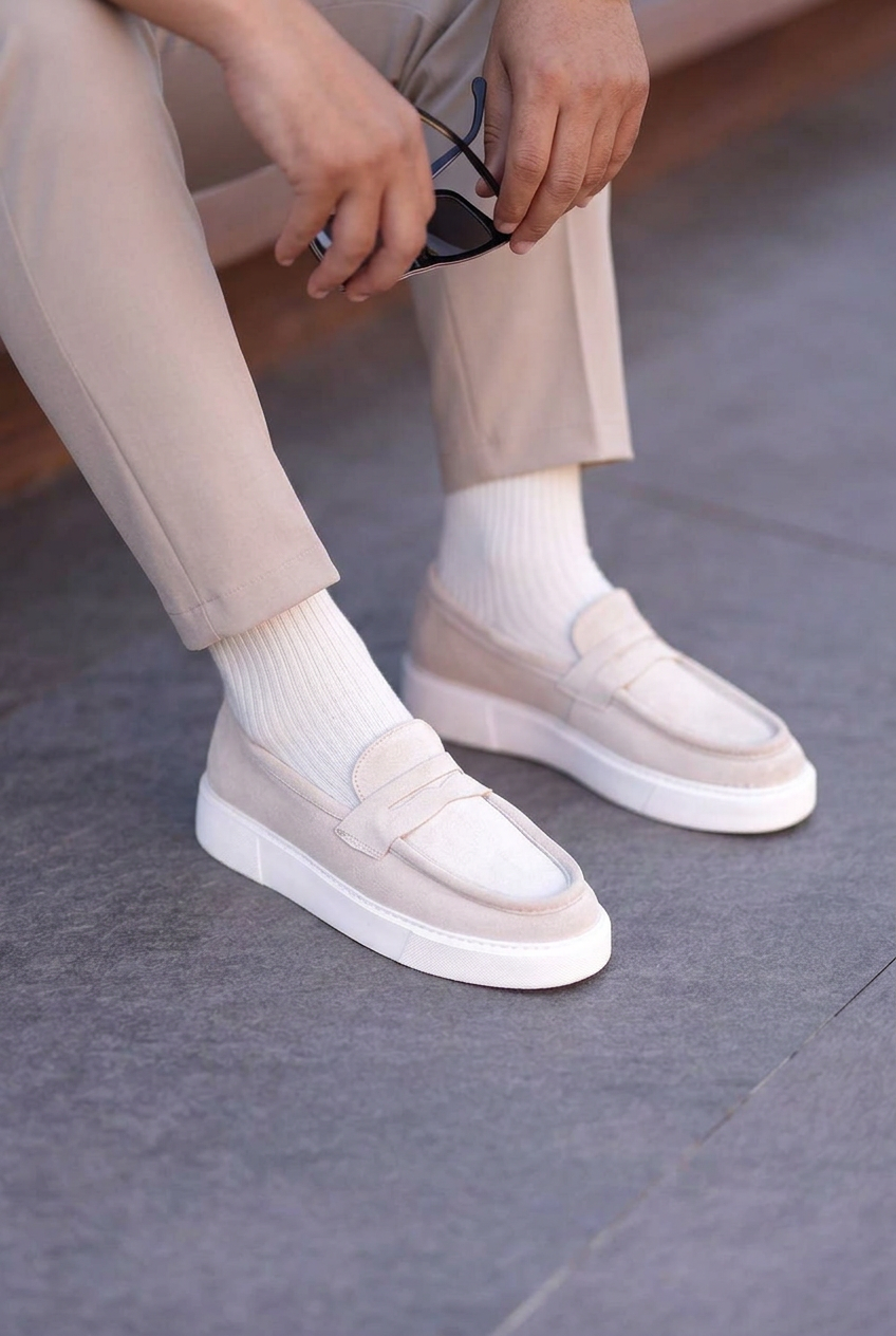 Suede Loafers with White Sole – Beige