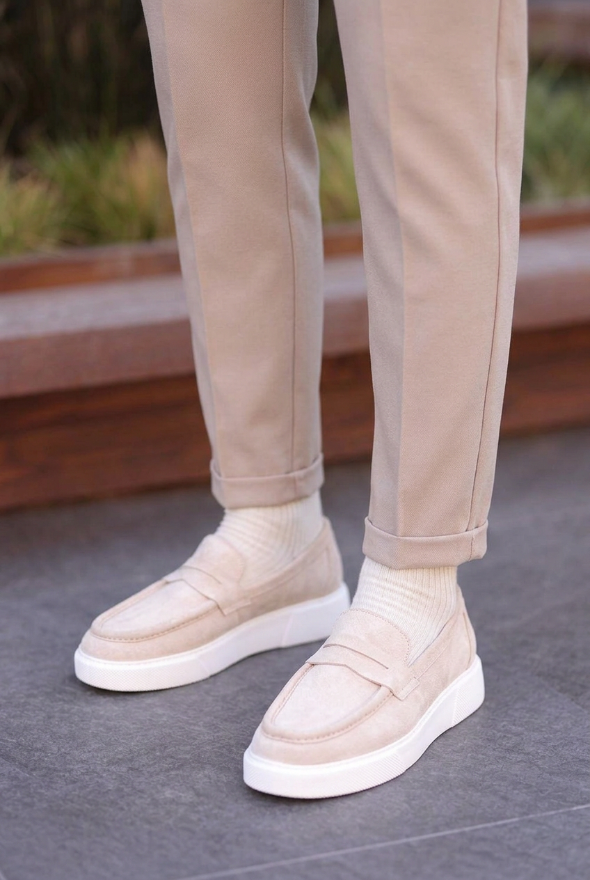 Suede Loafers with White Sole – Beige