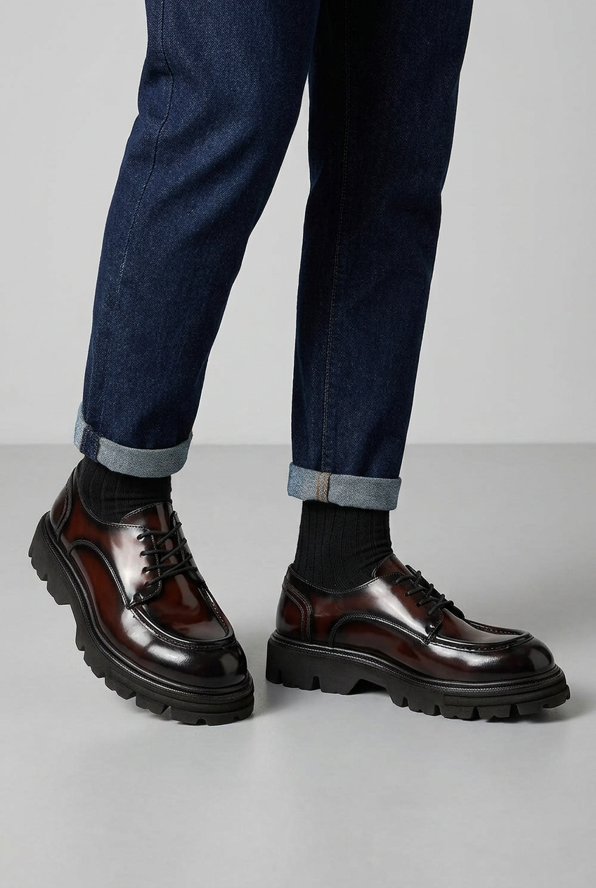 Premium Patent Leather Derby with Chunky Sole – Bordeaux Black