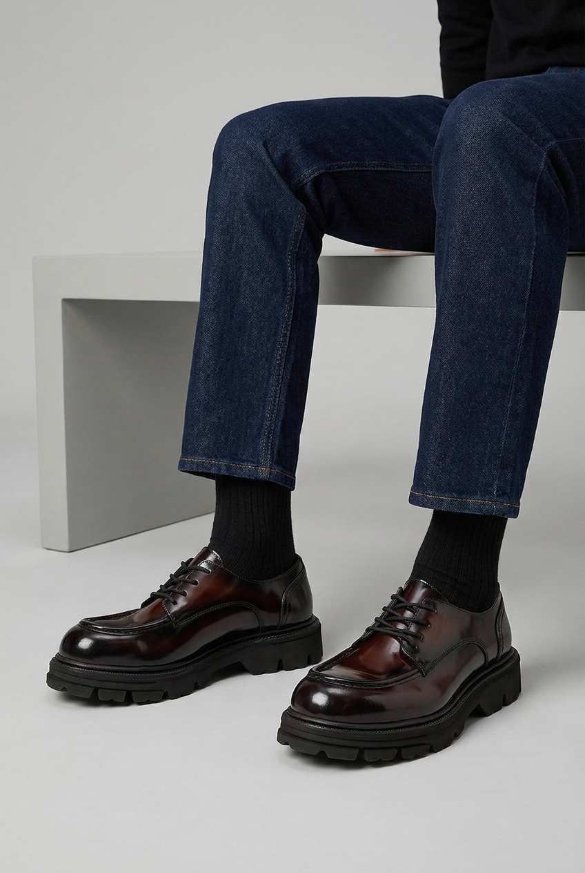 Premium Patent Leather Derby with Chunky Sole – Bordeaux Black