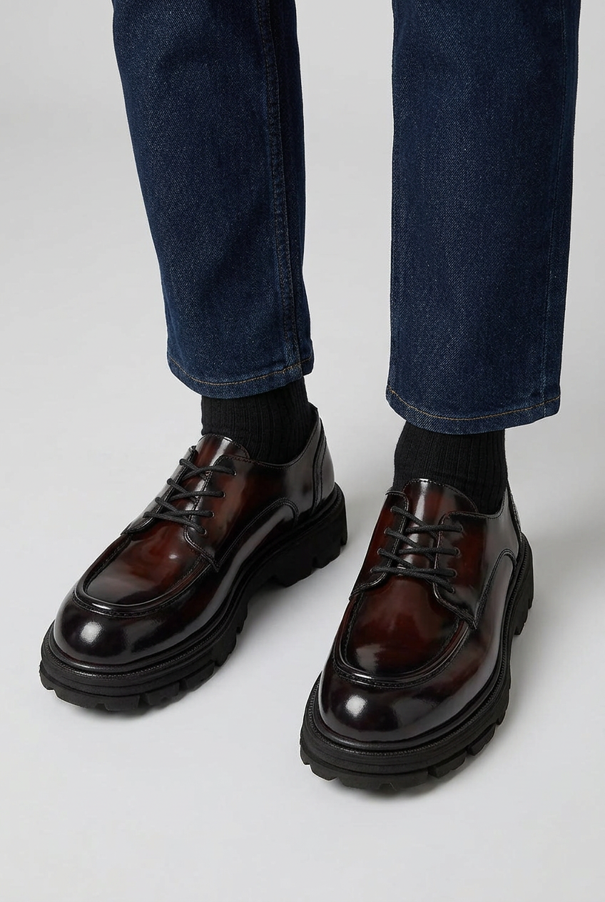Premium Patent Leather Derby with Chunky Sole – Bordeaux Black