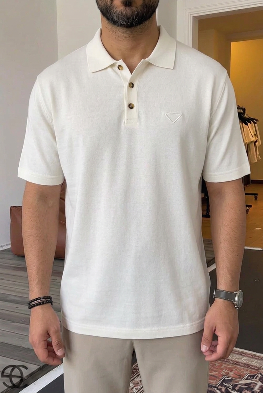 Knit Polo Shirt with Embroidered Logo – Ecru
