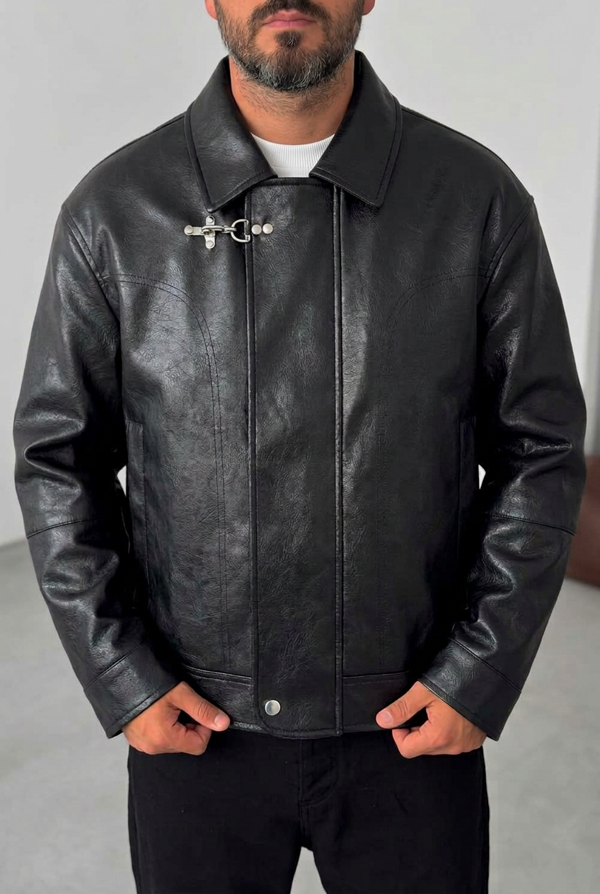 Ανδρικό Δερματίνη Jacket με Vintage Εφέ & Μεταλλικό Κούμπωμα – Μαύρο