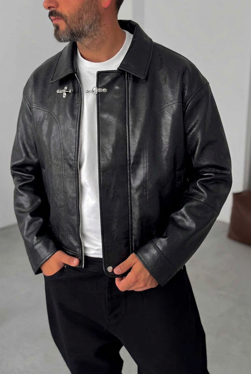 Ανδρικό Δερματίνη Jacket με Vintage Εφέ & Μεταλλικό Κούμπωμα – Μαύρο