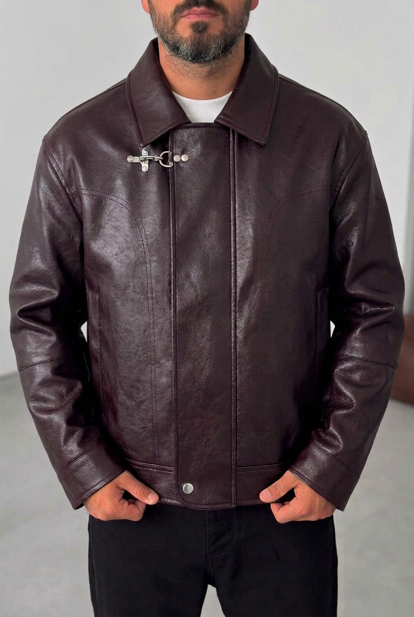 Ανδρικό Δερματίνη Jacket με Vintage Εφέ & Μεταλλικό Κούμπωμα – Μπορντο