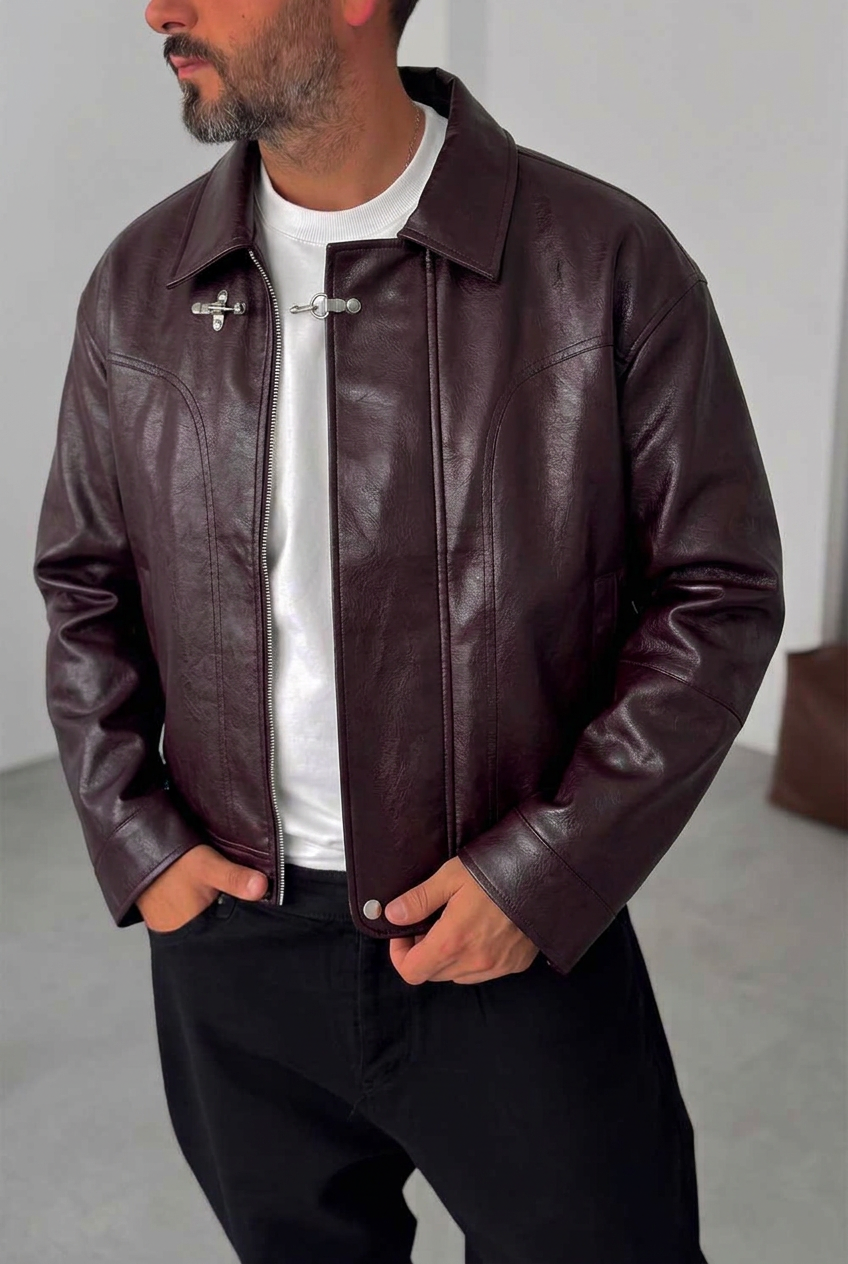 Ανδρικό Δερματίνη Jacket με Vintage Εφέ & Μεταλλικό Κούμπωμα – Μπορντο