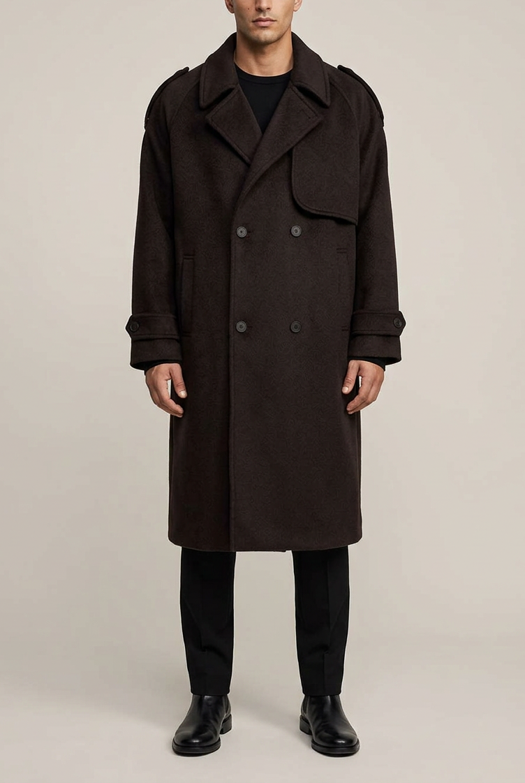 Ανδρικό Μακρύ Παλτό Oversized με Σταυρωτό Κούμπωμα – Καφέ