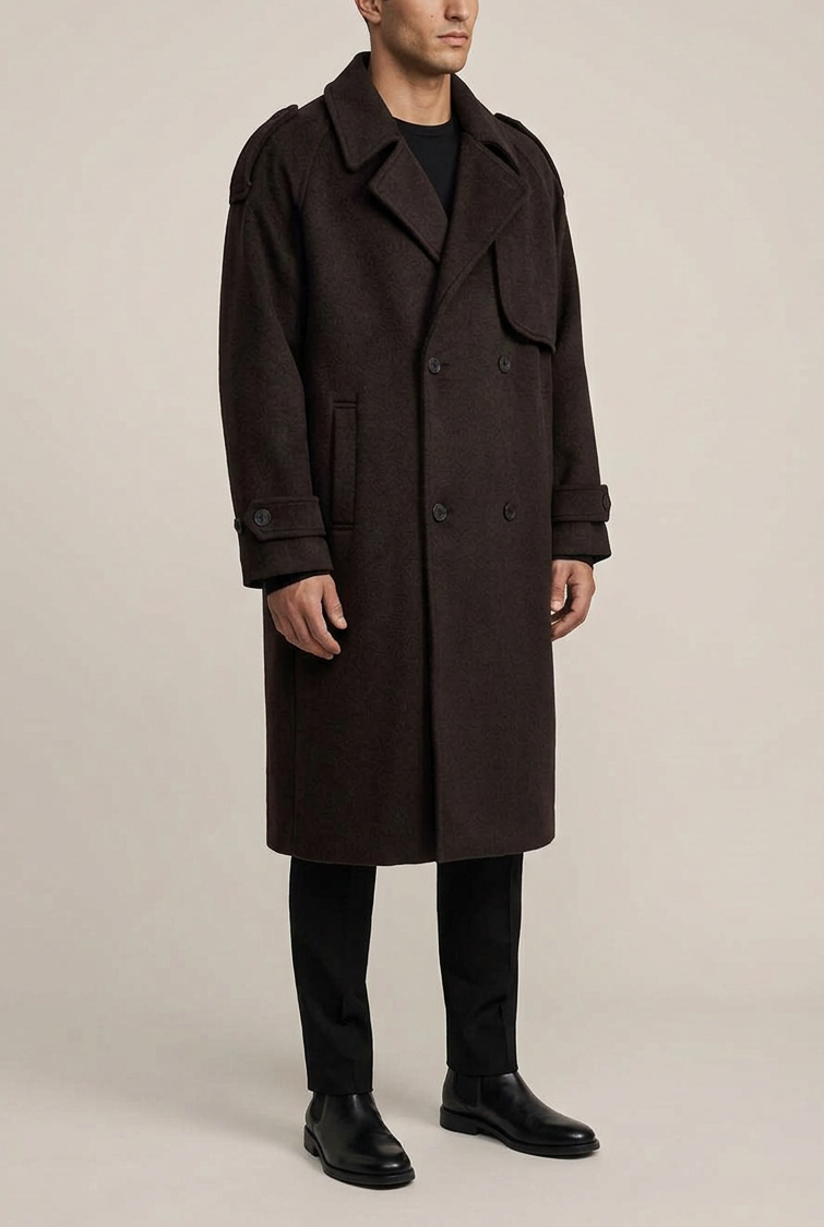 Ανδρικό Μακρύ Παλτό Oversized με Σταυρωτό Κούμπωμα – Καφέ
