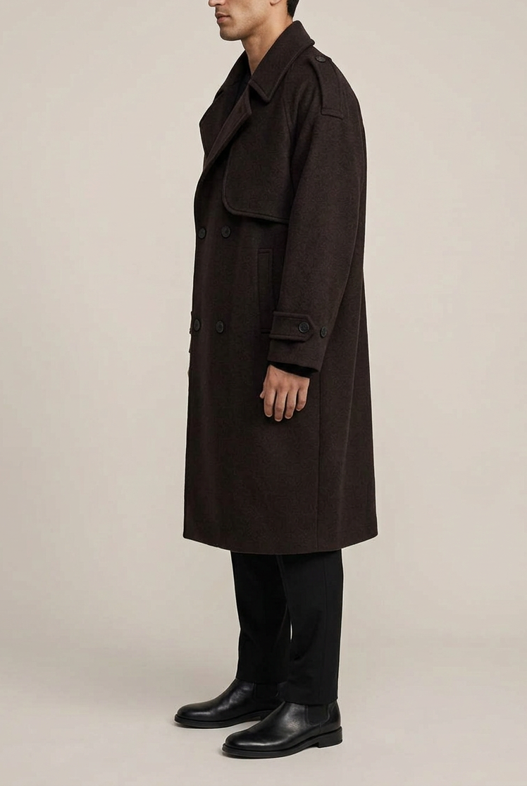 Ανδρικό Μακρύ Παλτό Oversized με Σταυρωτό Κούμπωμα – Καφέ
