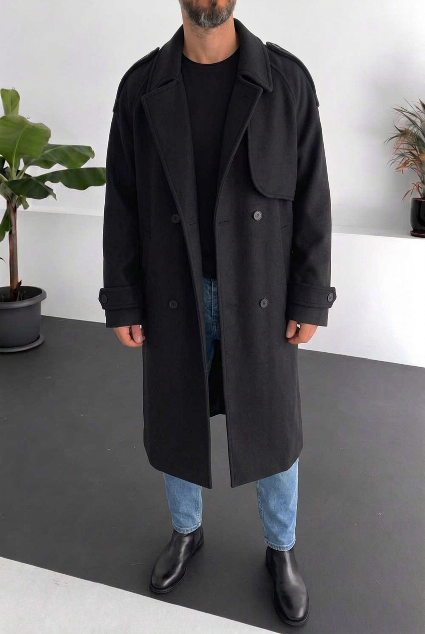 Ανδρικό Μακρύ Παλτό Oversized με Σταυρωτό Κούμπωμα – Μαύρο