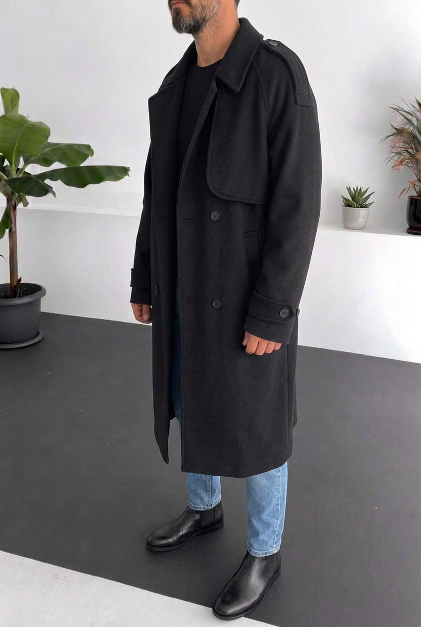 Ανδρικό Μακρύ Παλτό Oversized με Σταυρωτό Κούμπωμα – Μαύρο