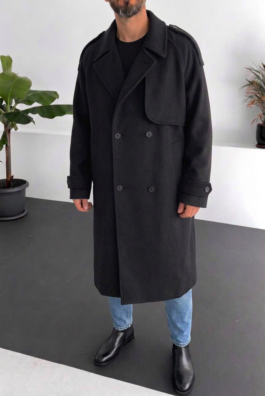 Ανδρικό Μακρύ Παλτό Oversized με Σταυρωτό Κούμπωμα – Μαύρο