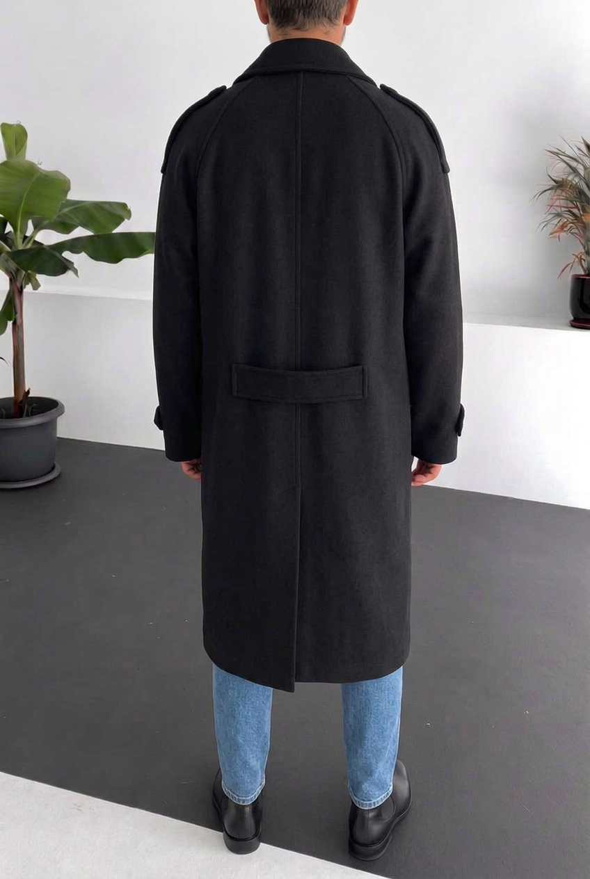 Ανδρικό Μακρύ Παλτό Oversized με Σταυρωτό Κούμπωμα – Μαύρο