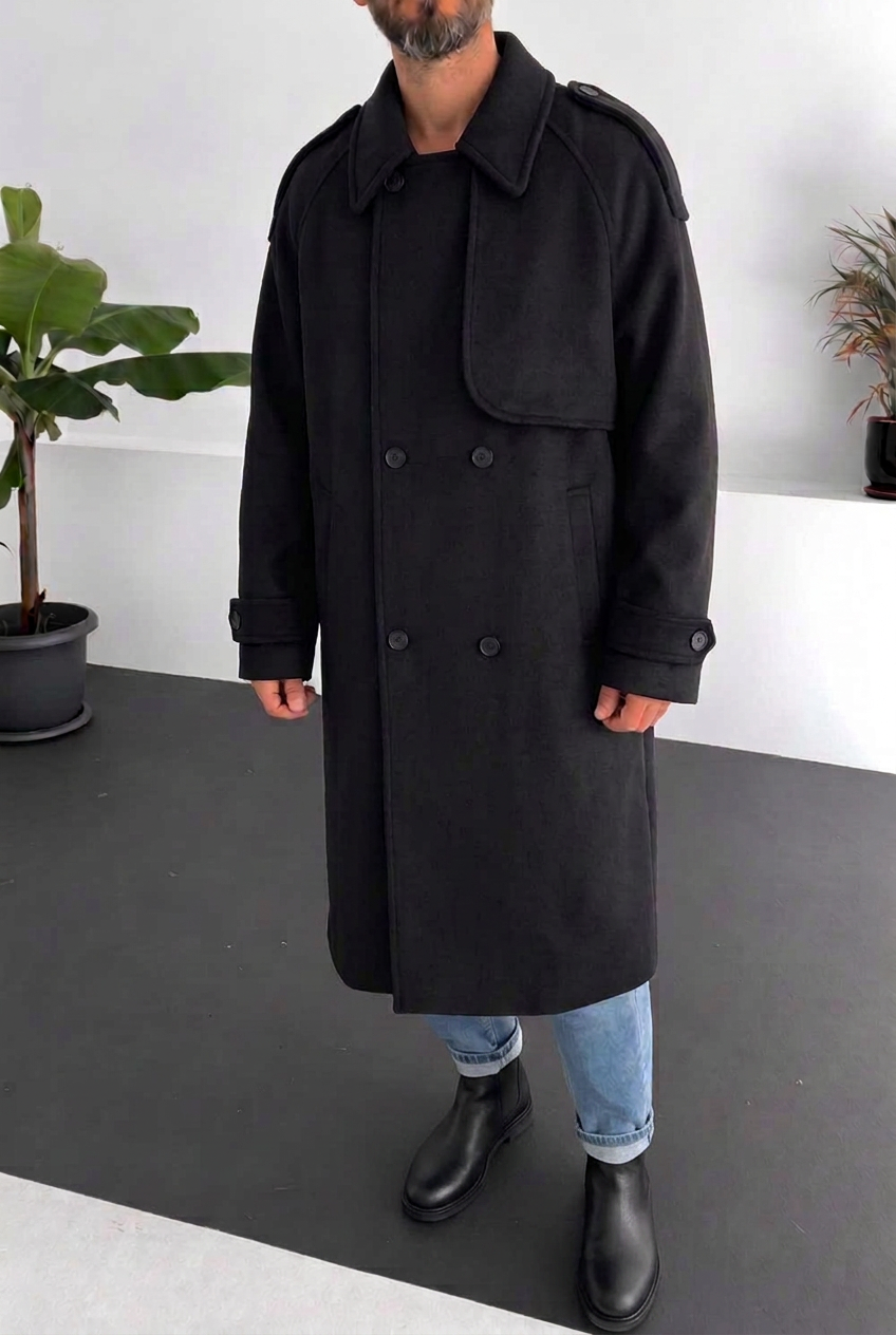 Ανδρικό Μακρύ Παλτό Oversized με Σταυρωτό Κούμπωμα – Μαύρο