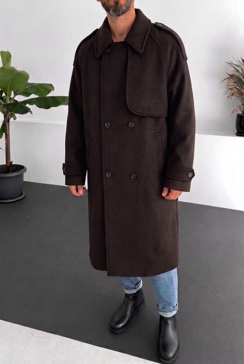 Ανδρικό Μακρύ Παλτό Oversized με Σταυρωτό Κούμπωμα – Καφέ