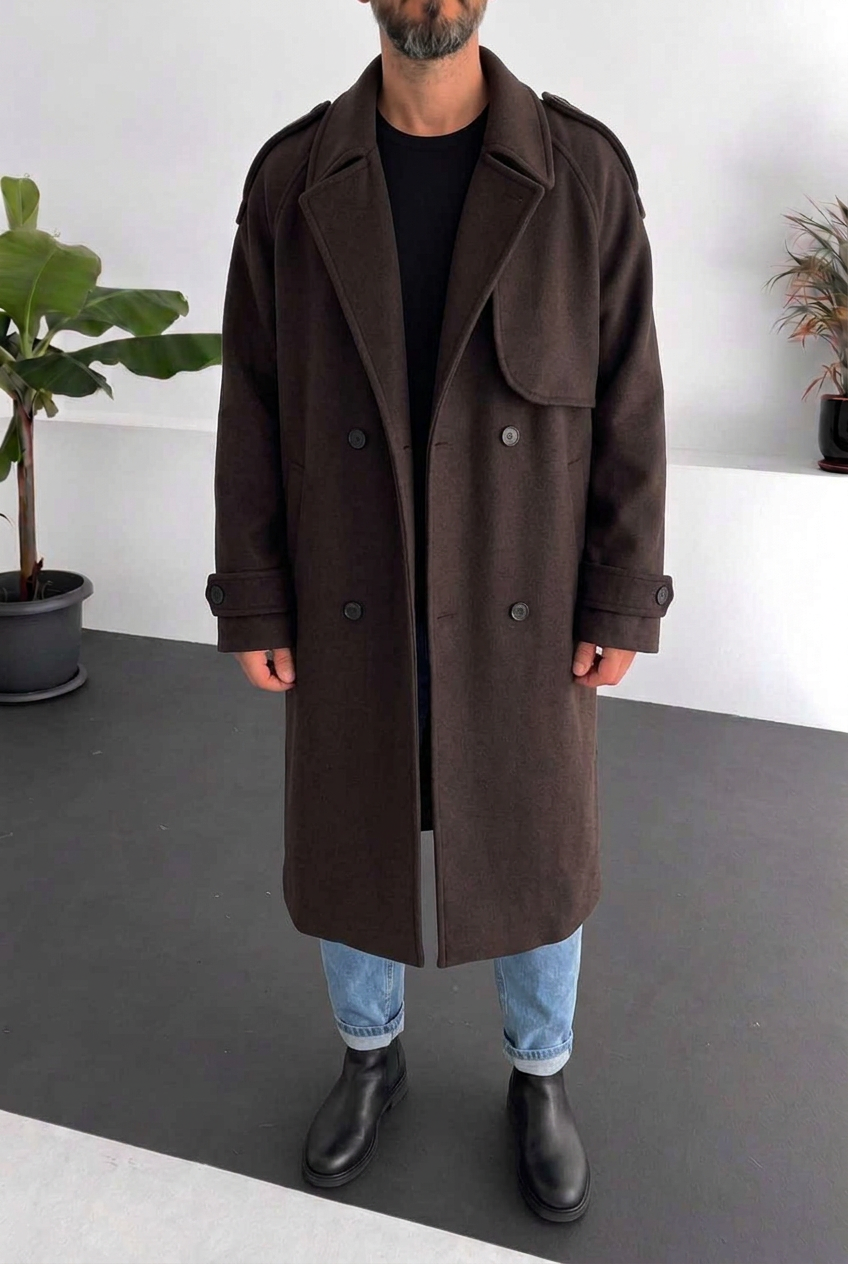 Ανδρικό Μακρύ Παλτό Oversized με Σταυρωτό Κούμπωμα – Καφέ
