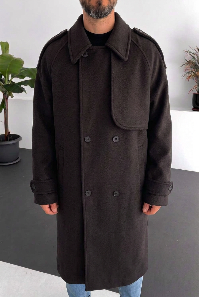 Ανδρικό Μακρύ Παλτό Oversized με Σταυρωτό Κούμπωμα – Καφέ