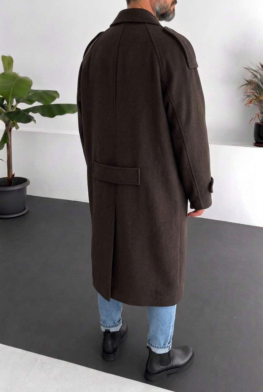 Ανδρικό Μακρύ Παλτό Oversized με Σταυρωτό Κούμπωμα – Καφέ