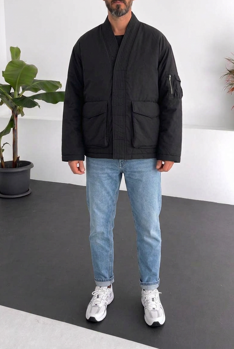 Ανδρικό Kimono Bomber Jacket με Ψηλό Γιακά – Μαύρο