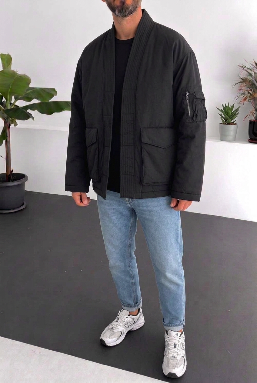 Ανδρικό Kimono Bomber Jacket με Ψηλό Γιακά – Μαύρο