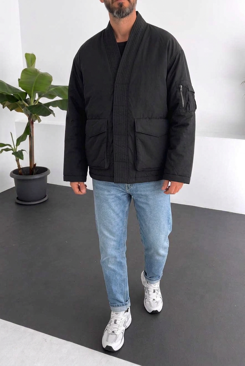 Ανδρικό Kimono Bomber Jacket με Ψηλό Γιακά – Μαύρο