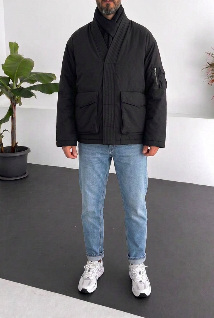 Ανδρικό Kimono Bomber Jacket με Ψηλό Γιακά – Μαύρο