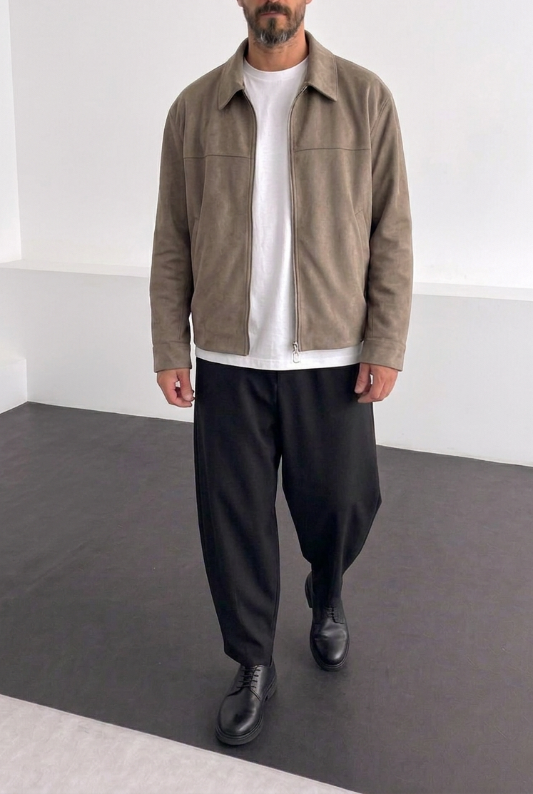 Ανδρικό Suede Jacket με Φερμουάρ – Βιζόν