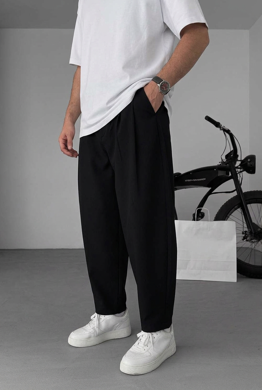 Balloon Fit Trousers with Pleats – Black