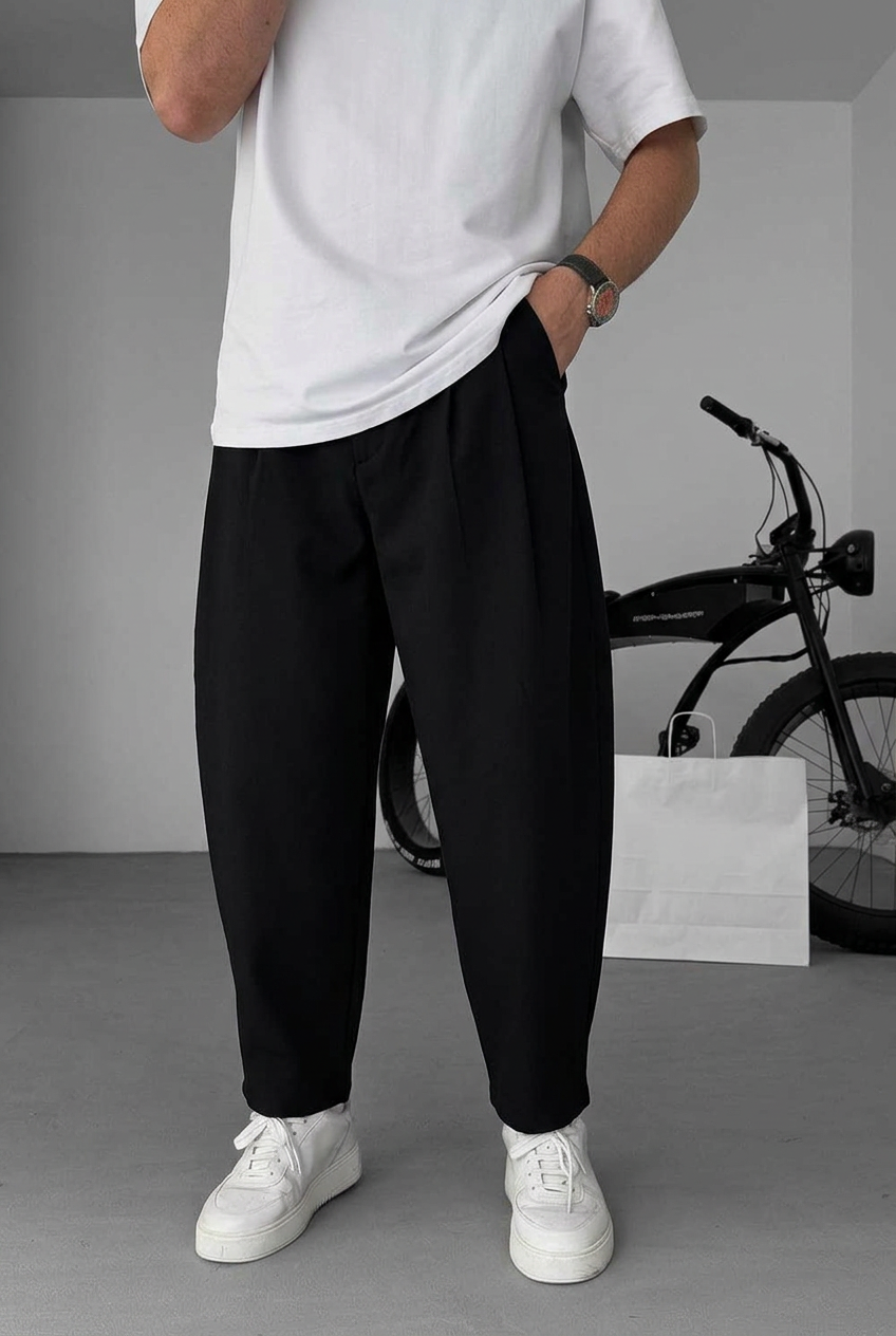 Balloon Fit Trousers with Pleats – Black