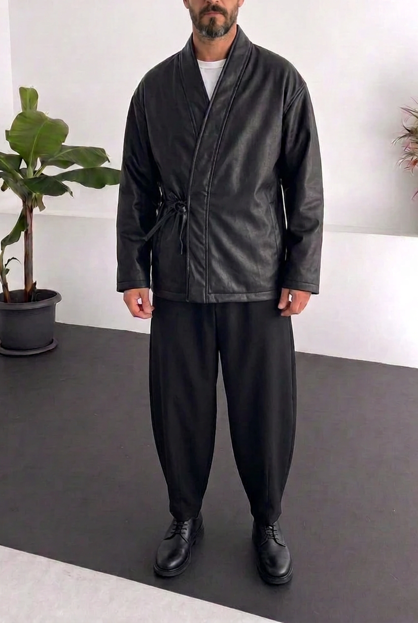 Ανδρικό Leather Kimono Jacket με Ζώνη – Μαύρο