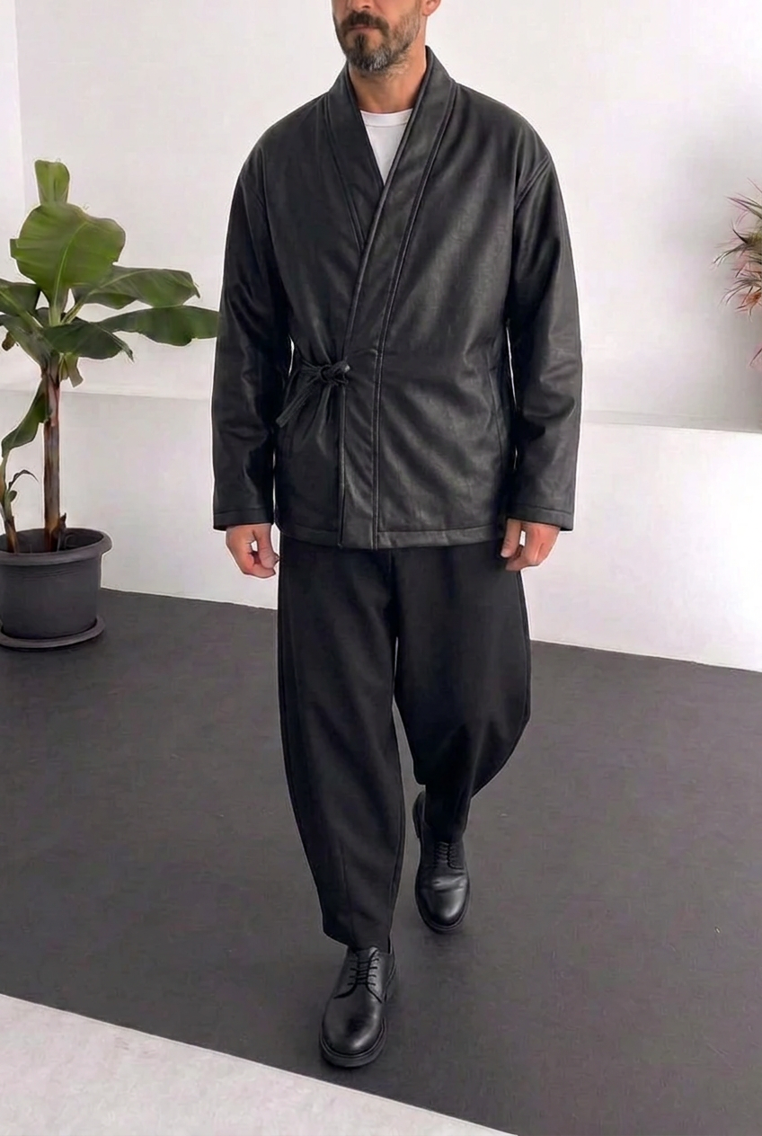 Ανδρικό Leather Kimono Jacket με Ζώνη – Μαύρο