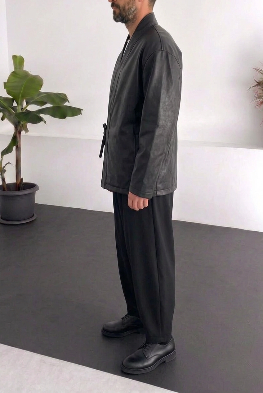 Ανδρικό Leather Kimono Jacket με Ζώνη – Μαύρο