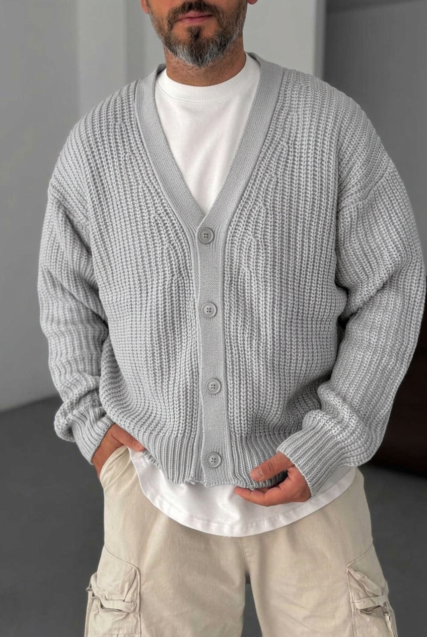 Γκρι Oversize Πλεκτή Ζακέτα με Κουμπιά