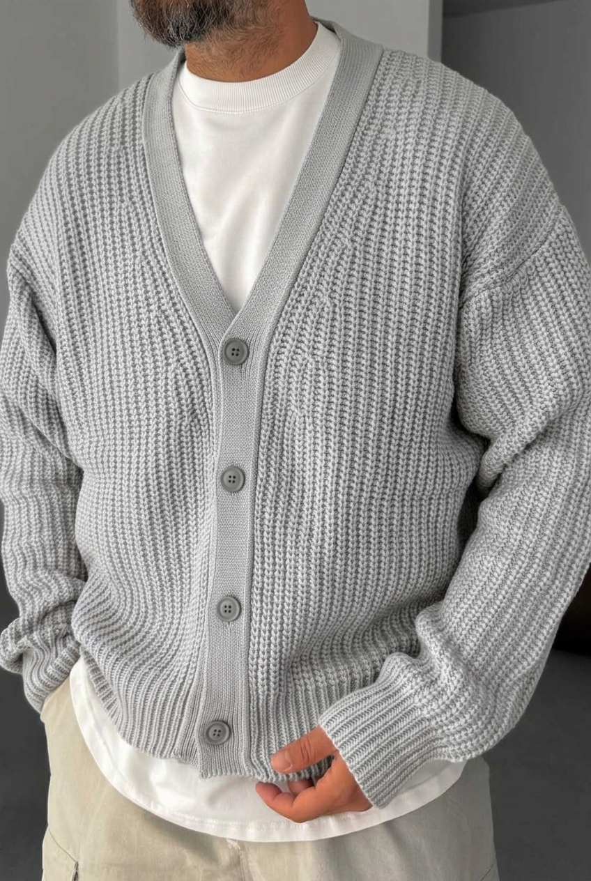 Γκρι Oversize Πλεκτή Ζακέτα με Κουμπιά