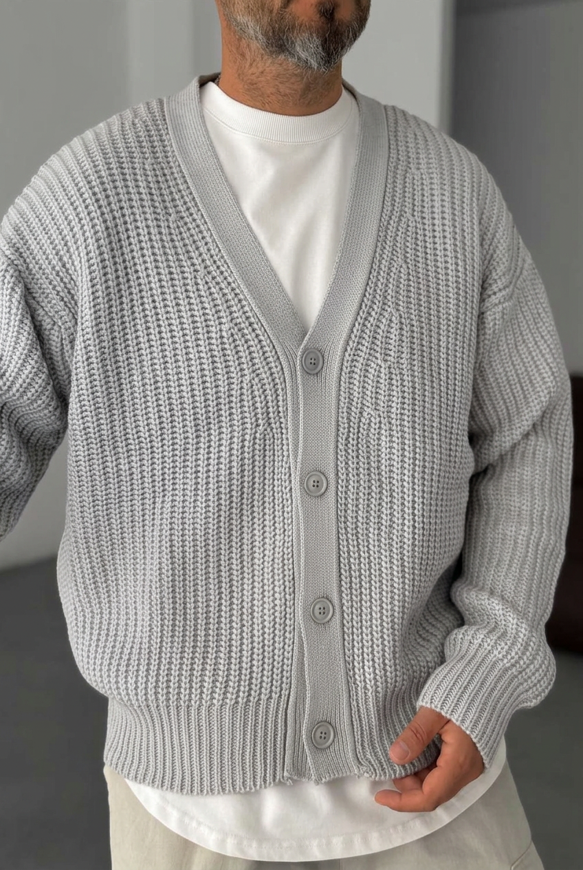 Γκρι Oversize Πλεκτή Ζακέτα με Κουμπιά